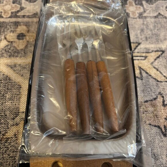 MCM snack tray w/serving Forks Japan Appetizer Fork Set Wooden Stand NOS - Picture 6 of 7